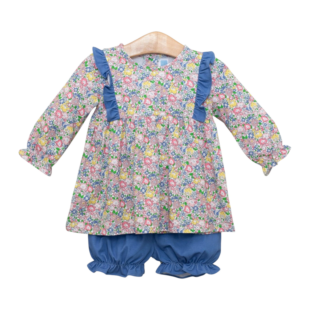 That Store floral girls bloomer set with long-sleeve ruffled top and matching blue bloomers for autumn