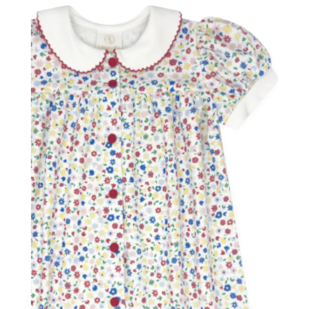 That Store Homeroom Blooms dress featuring a white collar with red picot trim, floral print, and red button front.