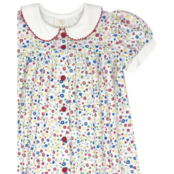 That Store Homeroom Blooms dress featuring a white collar with red picot trim, floral print, and red button front.