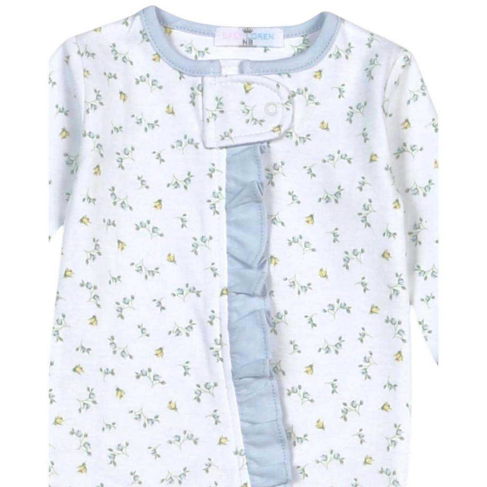 That Store baby girl pima cotton footie with blue and yellow floral print and blue ruffle zipper detail