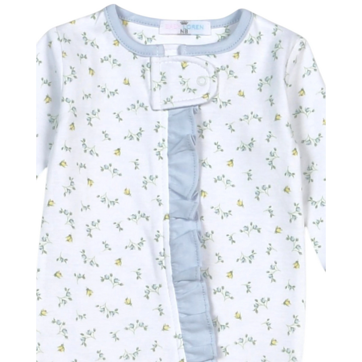 That Store baby girl pima cotton footie with blue and yellow floral print and blue ruffle zipper detail