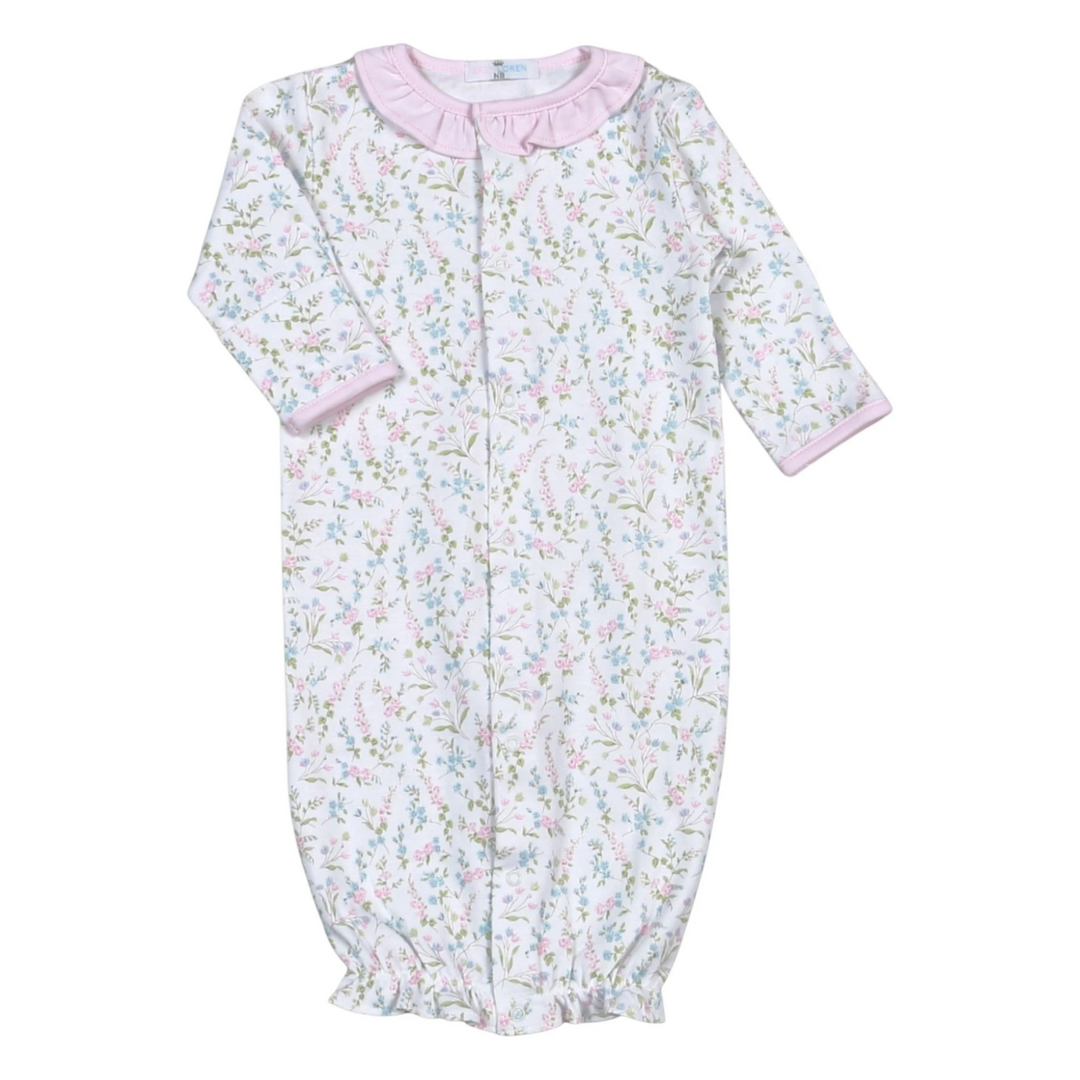 That Store Vivian floral print baby girl converter gown in soft pink pima cotton with a ruffled collar.
