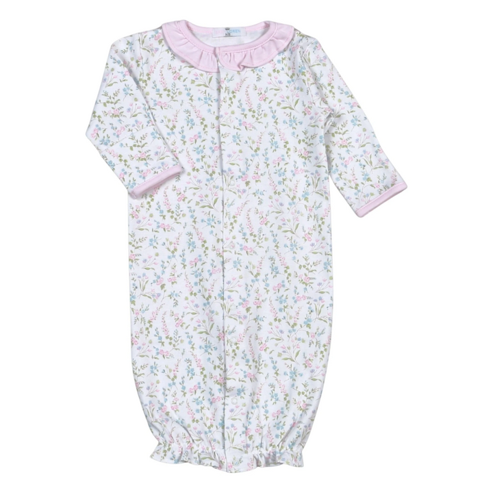 That Store Vivian floral print baby girl converter gown in soft pink pima cotton with a ruffled collar.