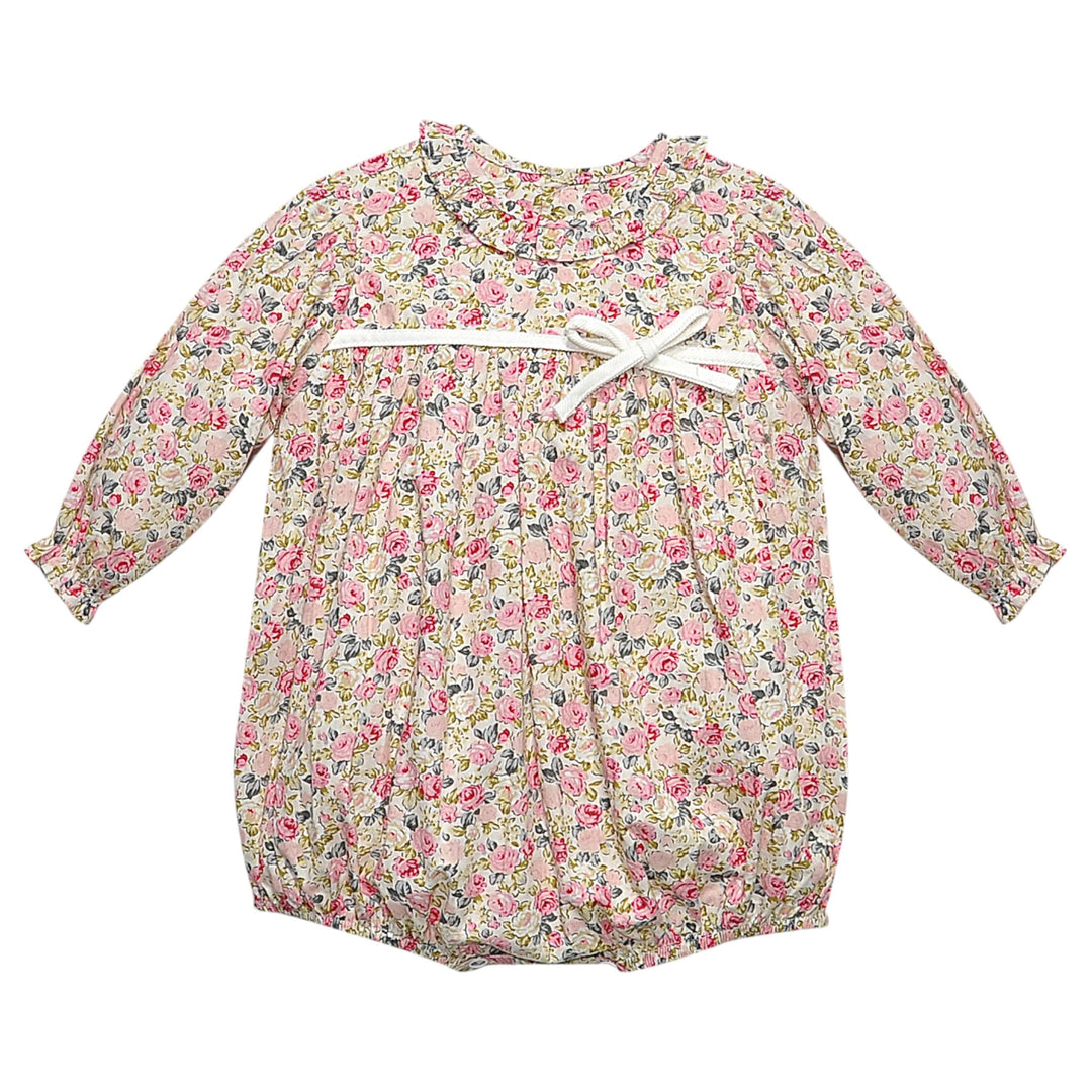 That Store floral pink rose bubble for girls with a ruffled collar and white ribbon bow detail.
