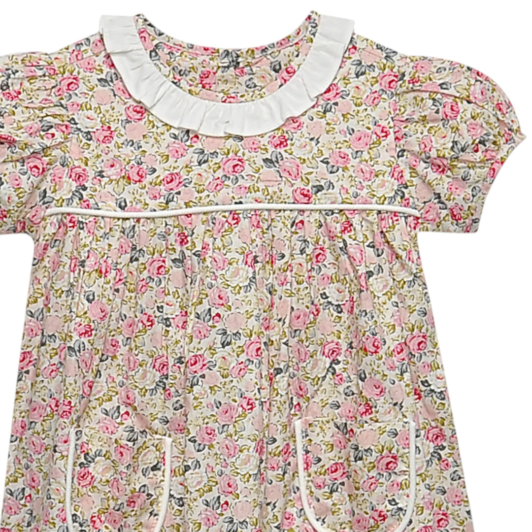 That Store Floral Pink Rose Reagan Dress with white ruffled collar and pockets in a classic autumn floral print