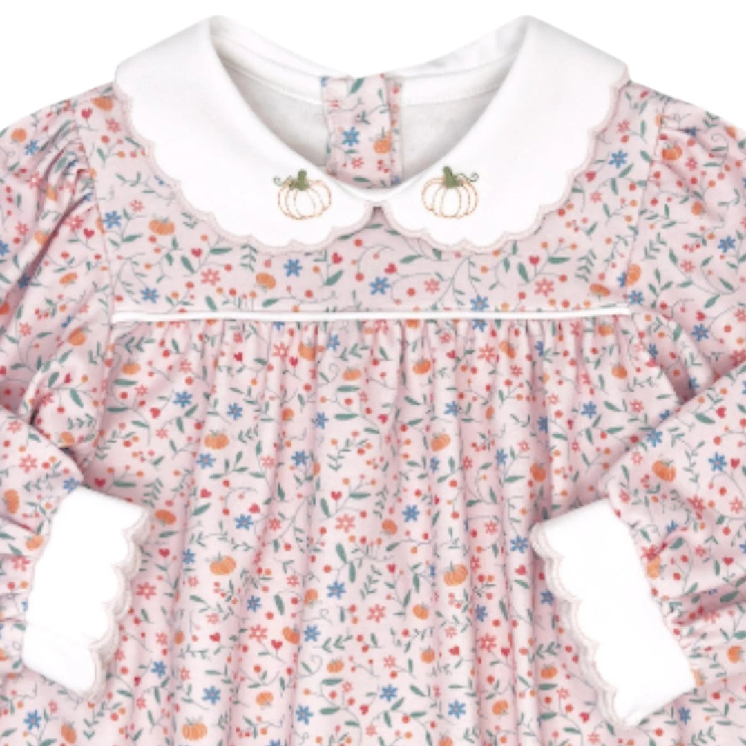 That Store girls long sleeve bubble in Pumpkin Grove floral print with white scalloped collar and pumpkin embroidery.