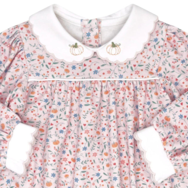 That Store girls long sleeve bubble in Pumpkin Grove floral print with white scalloped collar and pumpkin embroidery.