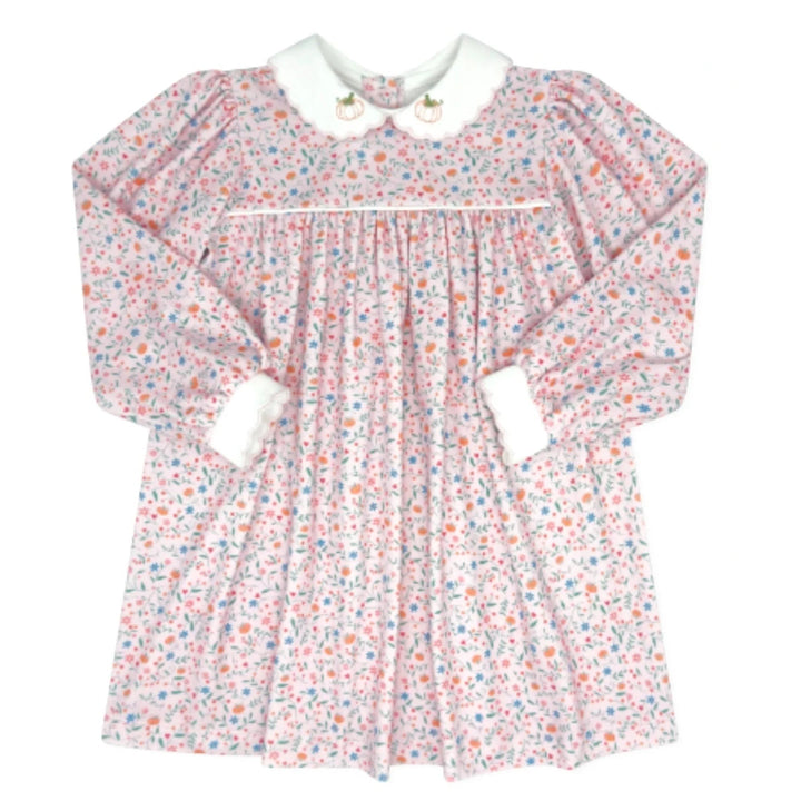 That Store long sleeve dress in Pumpkin Grove floral print with a white collar featuring embroidered pumpkin details.