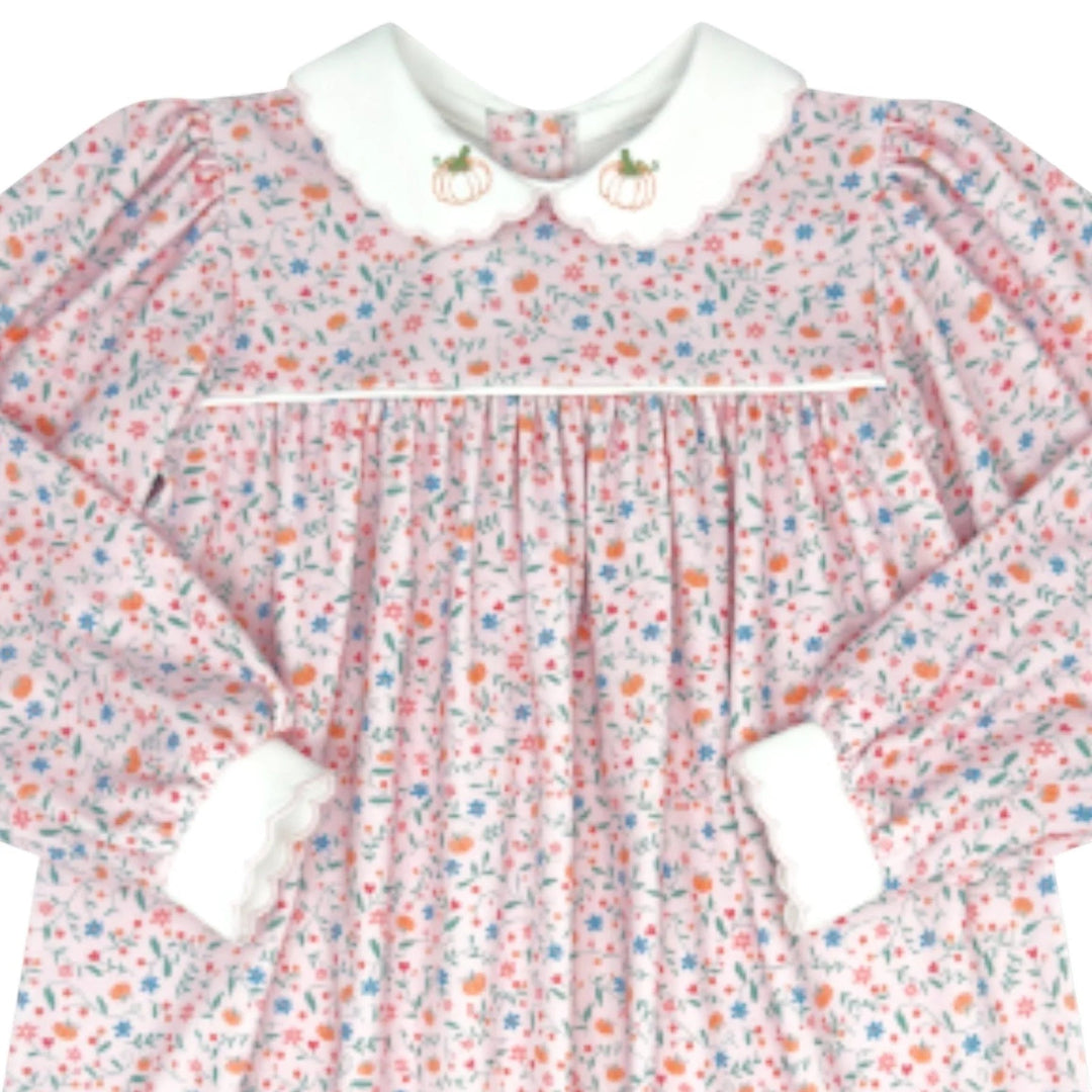 That Store long sleeve dress in pink floral print with white collar featuring pumpkin embroidery for fall