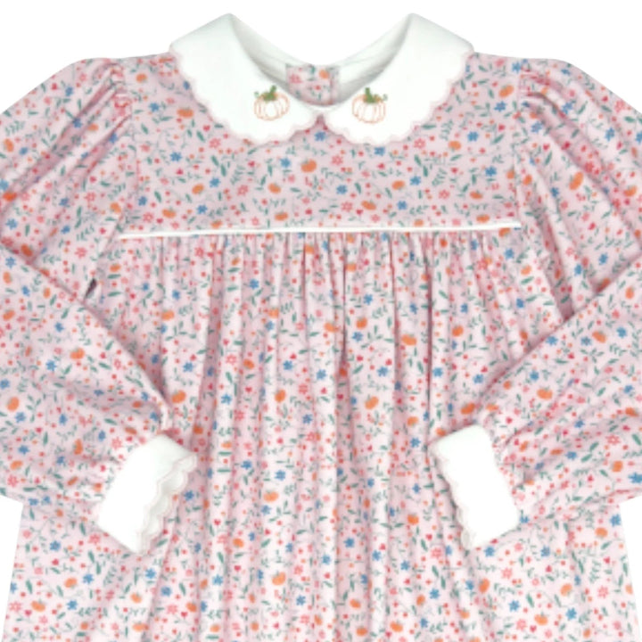 That Store long sleeve dress in pink floral print with white collar featuring pumpkin embroidery for fall
