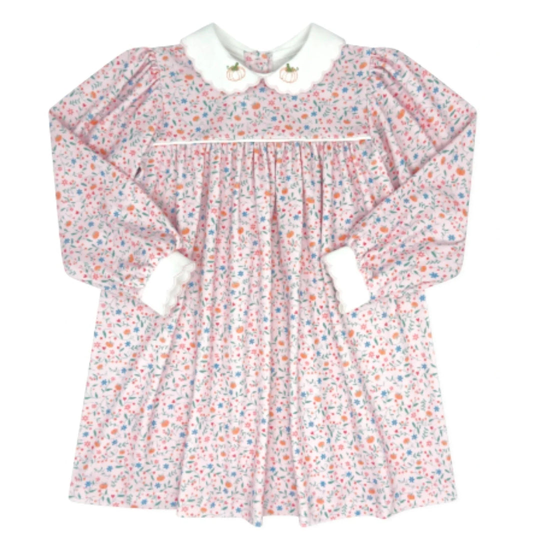 That Store long sleeve dress in Pumpkin Grove floral print with a white collar featuring embroidered pumpkin details.