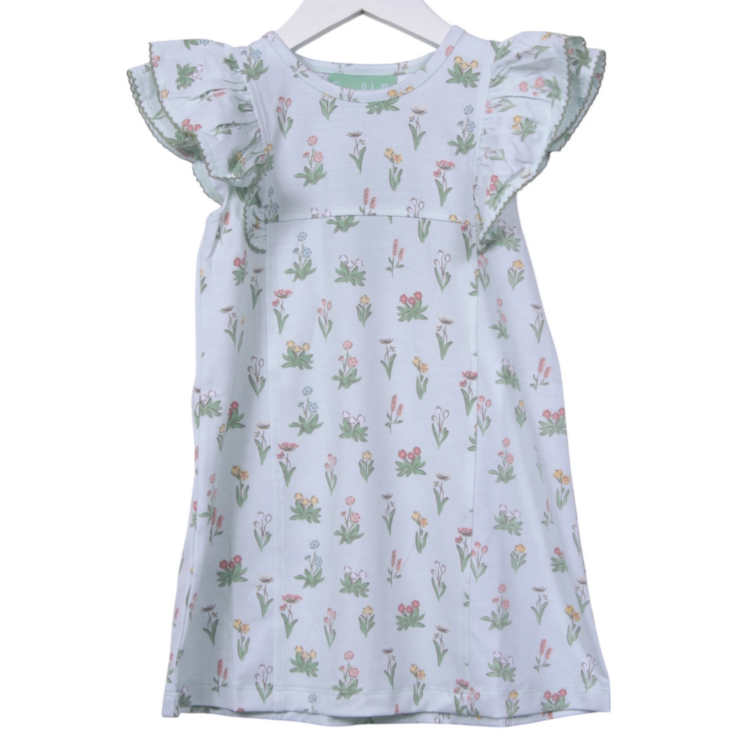 That Store vintage mint green cotton dress with floral print and angel wing ruffle sleeves for girls