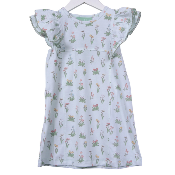 That Store vintage mint green cotton dress with floral print and angel wing ruffle sleeves for girls