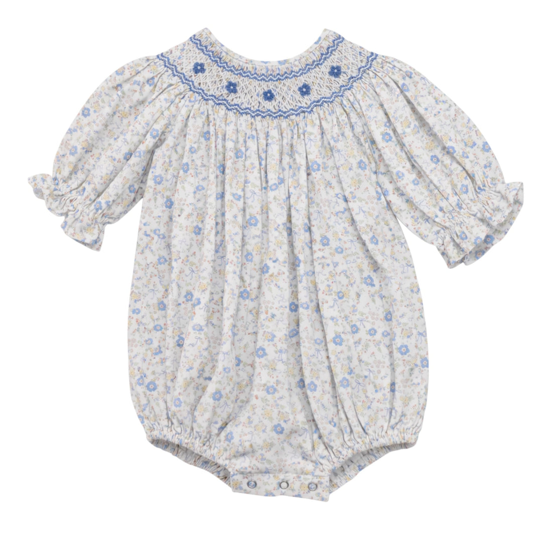 That Store Ashley bubble in blue and yellow floral print with classic chest smocking and puff sleeves in 100% cotton.