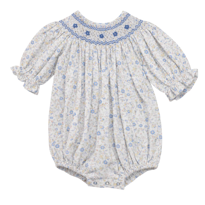 That Store Ashley bubble in blue and yellow floral print with classic chest smocking and puff sleeves in 100% cotton.