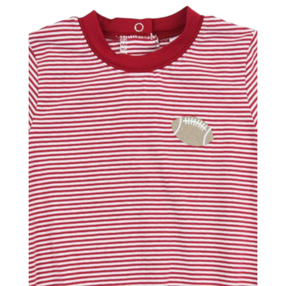 That Store boys bubble featuring dark red and white horizontal stripes with a football embroidery on the chest