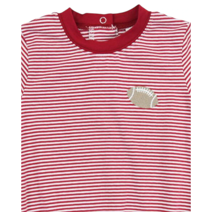 That Store boys bubble featuring dark red and white horizontal stripes with a football embroidery on the chest