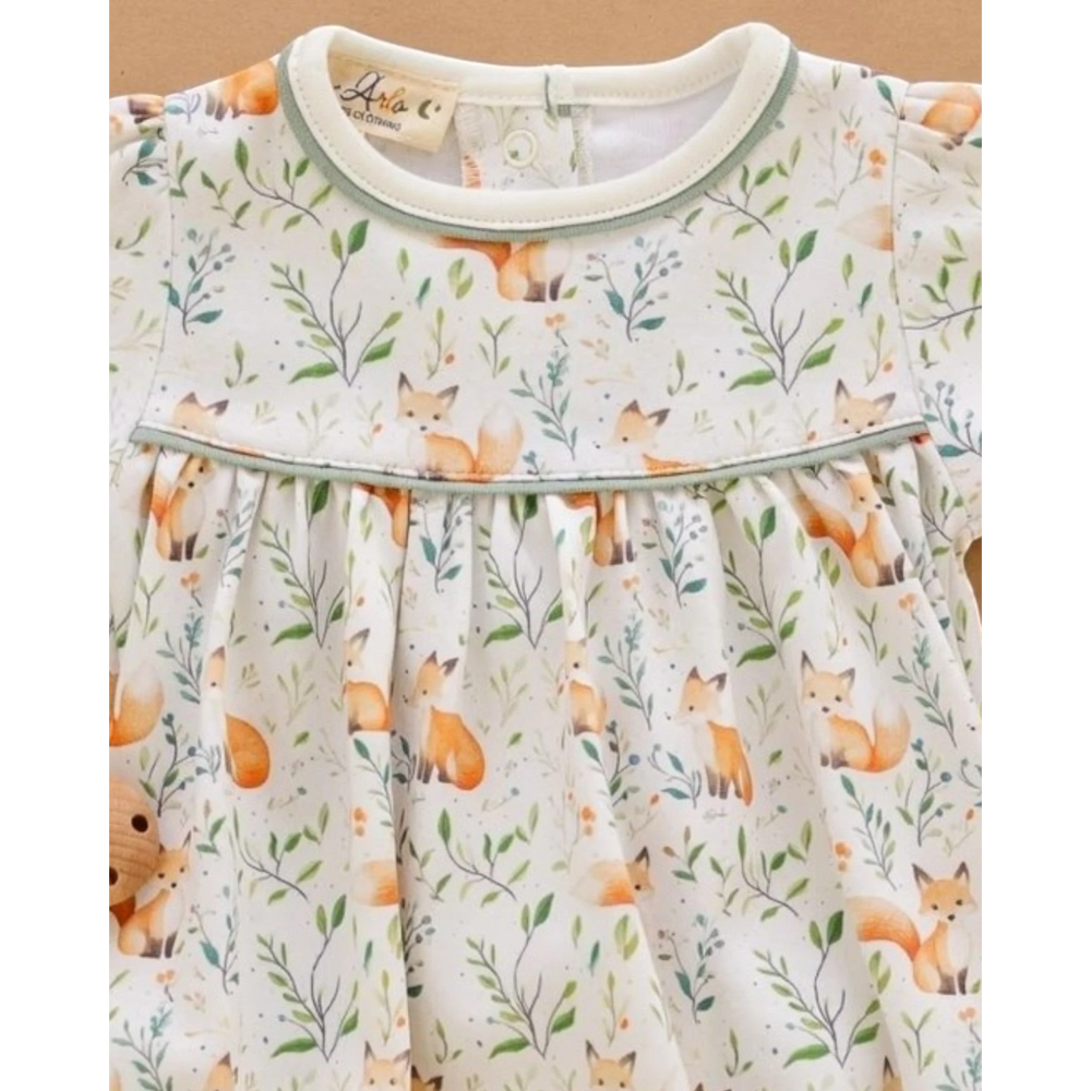 That Store Fox Tales long sleeve baby bubble in soft Pima cotton with a whimsical woodland fox and leaf print.