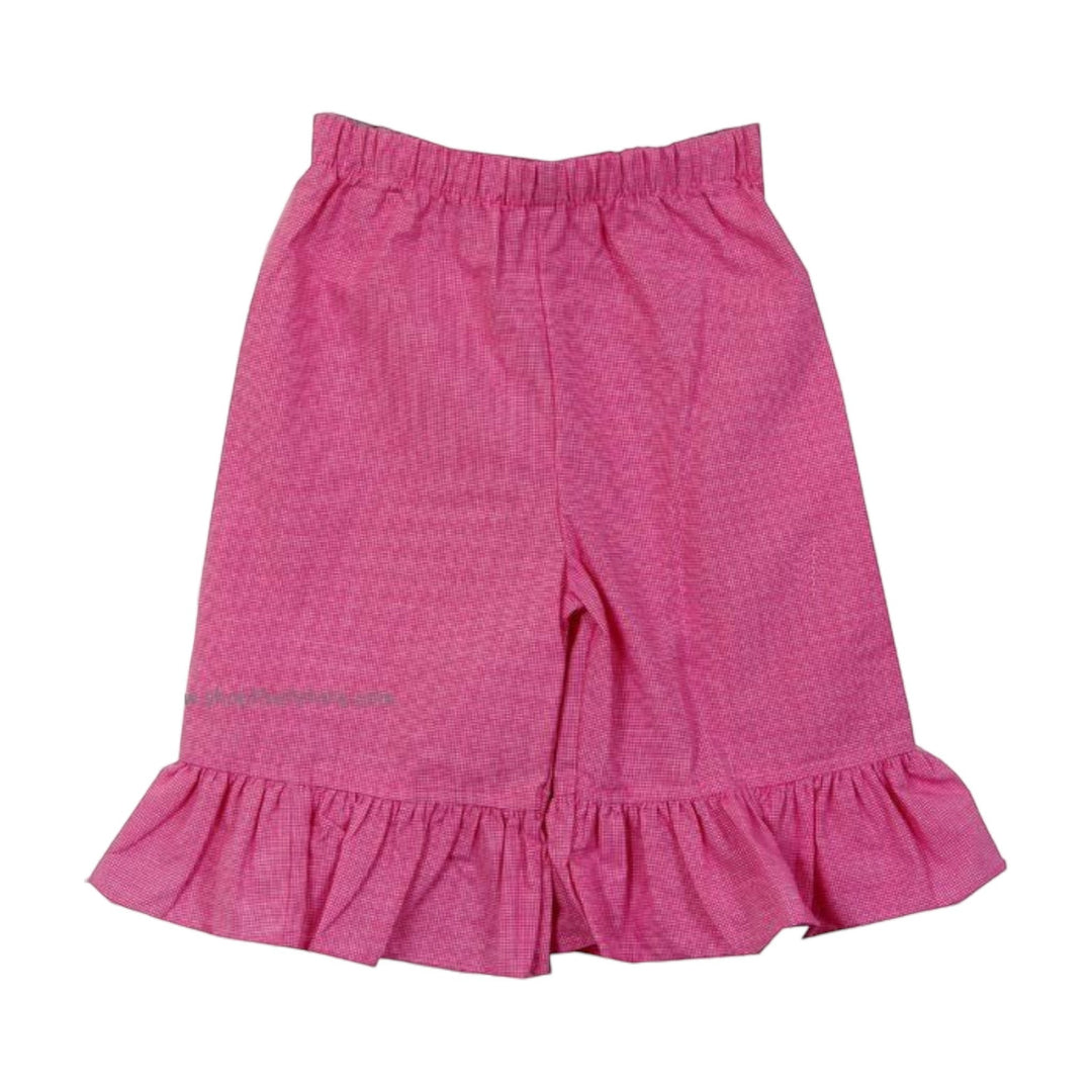 That Store fuchsia micro gingham capri pants with an elastic waist and ruffled hem in poly cotton fabric.