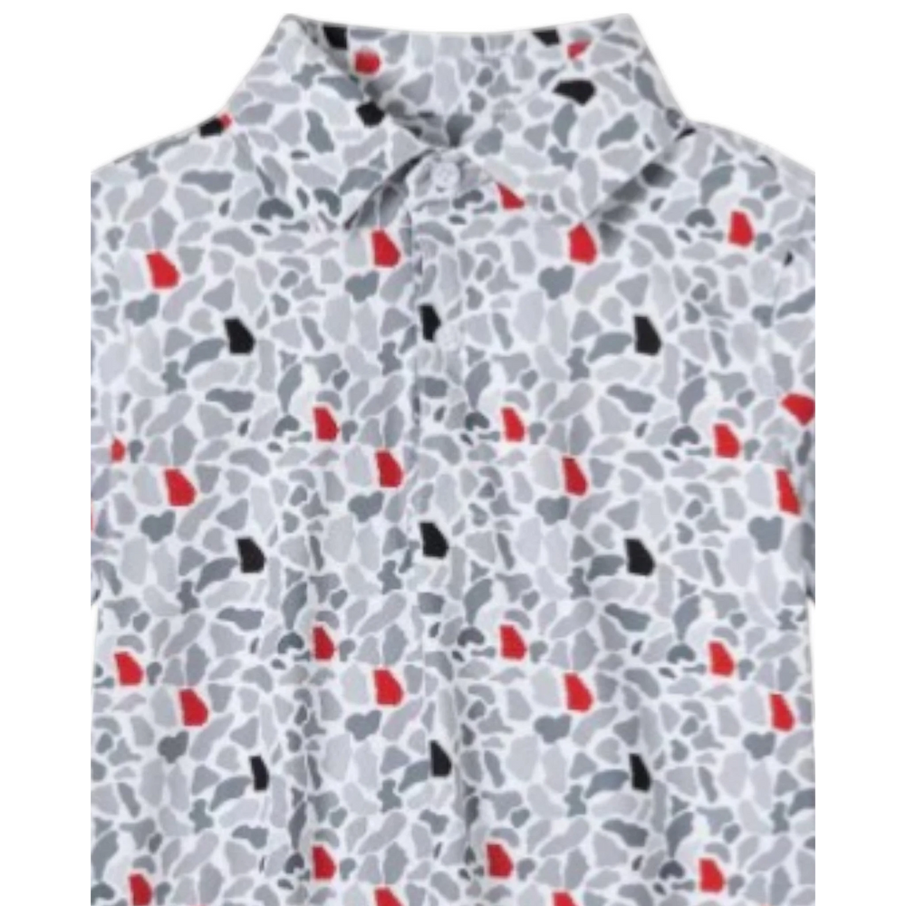 That Store boy's polo shirt in a red, black, and grey Georgia state camo print with a classic collar.