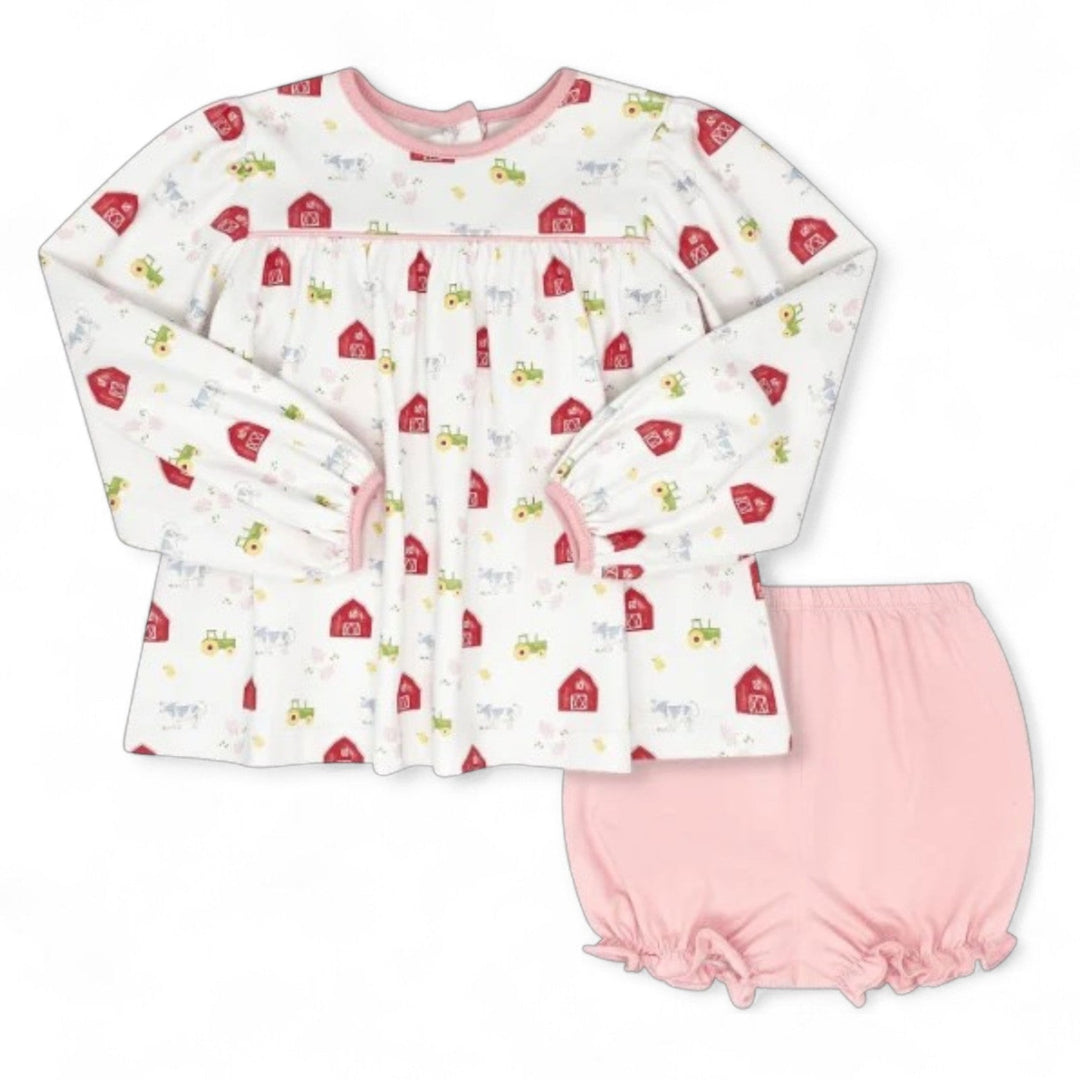 That Store Betsy girls long sleeve knit top with barnyard print and coordinating pink ruffled bloomers