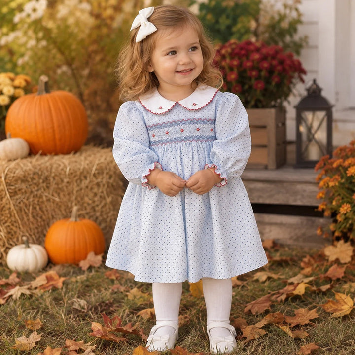 That Store girls blue dot print cotton dress with pink smocking and flower embroidery, worn by a toddler outdoors.
