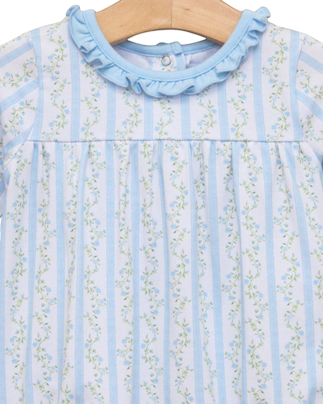 That Store girls blue bubble romper featuring a delicate floral print on striped cotton fabric with a ruffled collar.