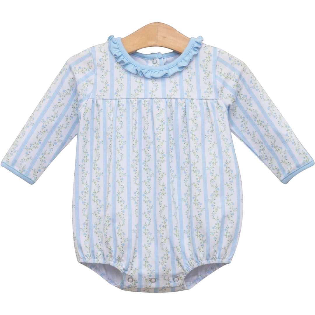 That Store girls blue floral striped cotton bubble with a ruffled collar and long sleeves on a wooden hanger