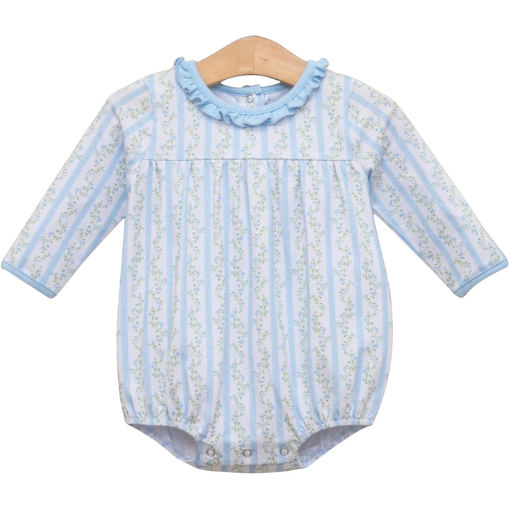 That Store girls blue floral striped cotton bubble with a ruffled collar and long sleeves on a wooden hanger