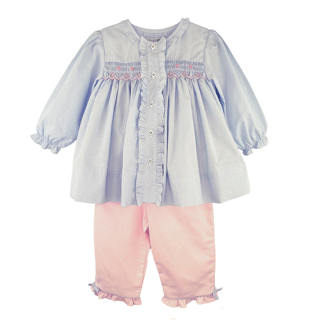 That Store girls blue gingham smocked top with pink bow details and matching pink pants set