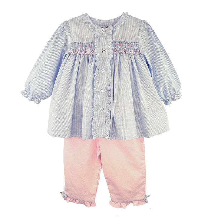 That Store girls blue gingham smocked top with pink bow details and matching pink pants set