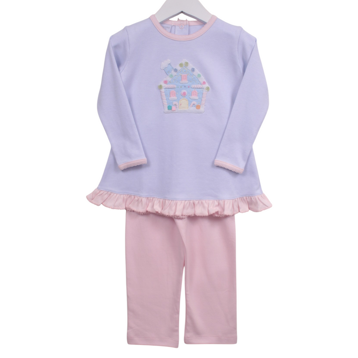 That Store girls Pima cotton legging set featuring a blue stripe tunic with a Who House applique and pink trim