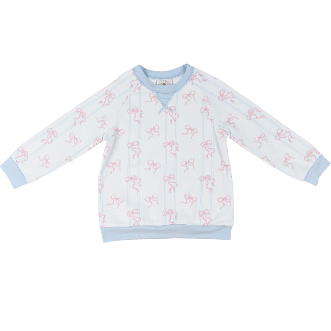 That Store Bowtiful Girls Palmer Pullover in white with pink bow print and light blue ribbed trim