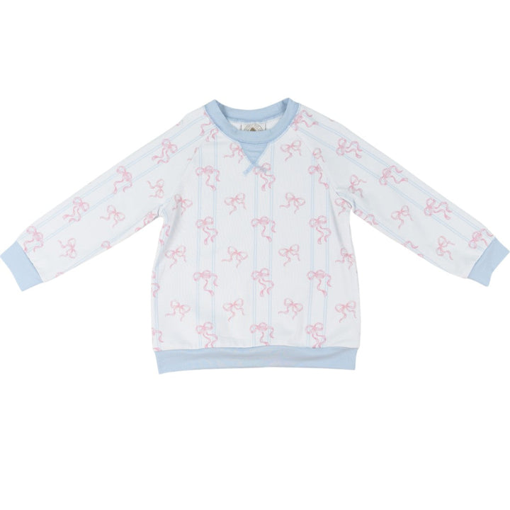 That Store Bowtiful Girls Palmer Pullover in white with pink bow print and light blue ribbed trim