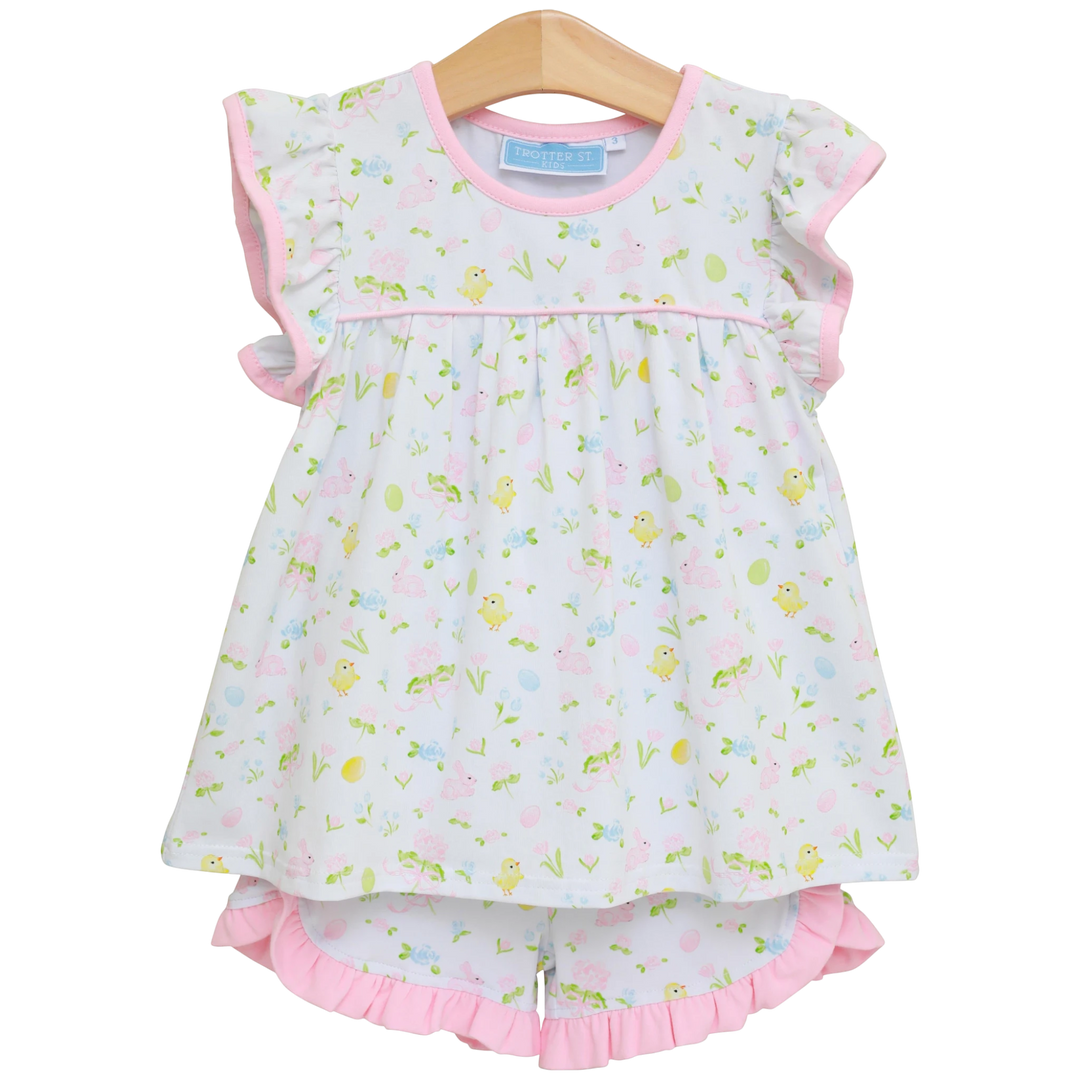 That Store girls pink ruffle play set featuring a bunny and chick print in cotton spandex for Easter.
