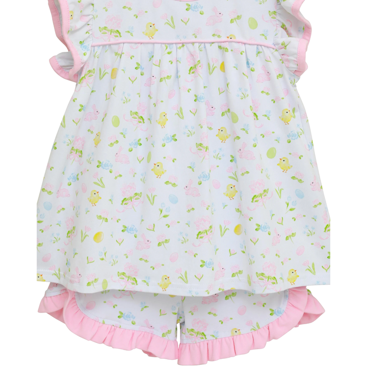 That Store girls pink ruffle play set in cotton blend with bunny, chick, and floral Easter print.