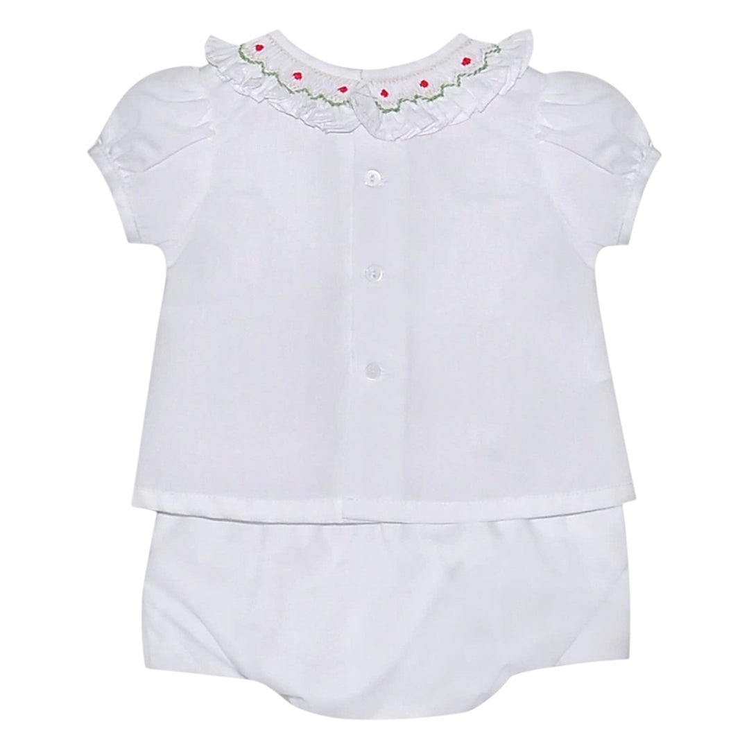 That Store girls white bloomer set with candy cane embroidery, ruffled collar, and red and green smocking details.