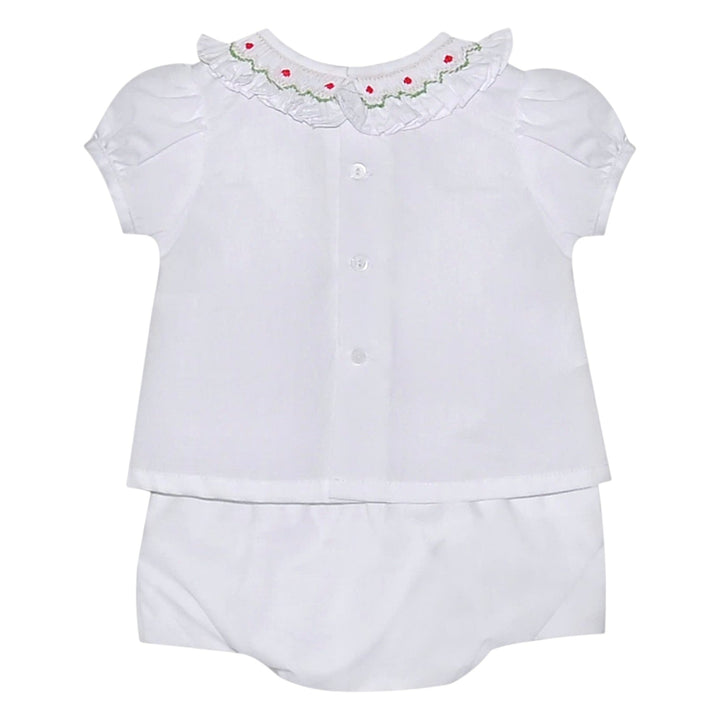 That Store girls white bloomer set with candy cane embroidery, ruffled collar, and red and green smocking details.