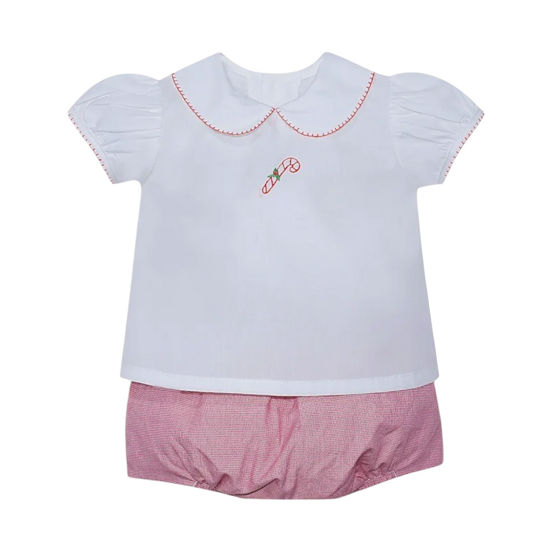That Store girls holiday diaper set with white puff sleeve top, candy cane embroidery, and red micro check bloomers.