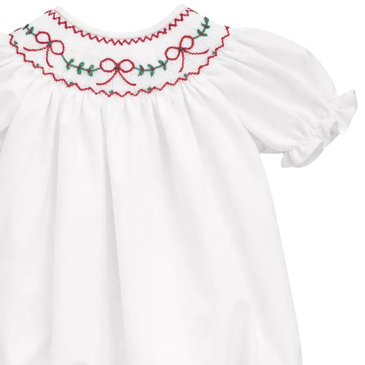 That Store white cotton girls bubble with red bow and green holly embroidery on a scalloped collar for Christmas