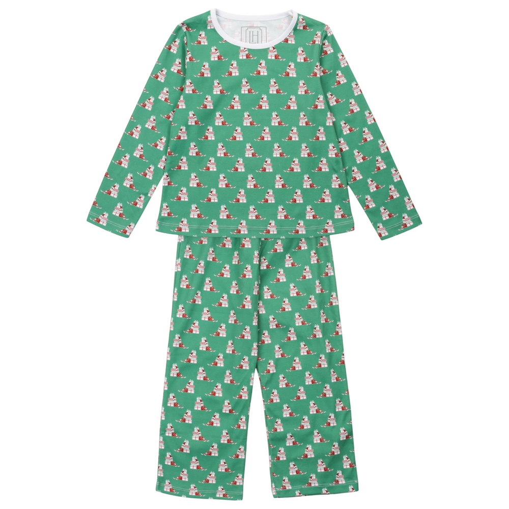 That Store Millie girls' green long-sleeved pima cotton pant set with Santa's helper Christmas gift print