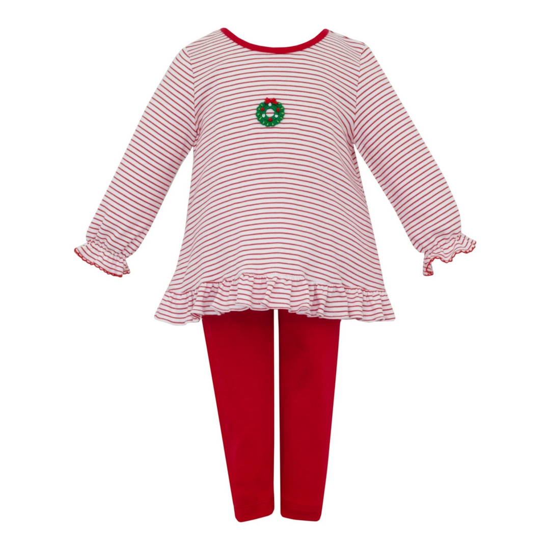 That Store girls Christmas tunic set featuring a red striped long-sleeve top with a crocheted wreath and red leggings.