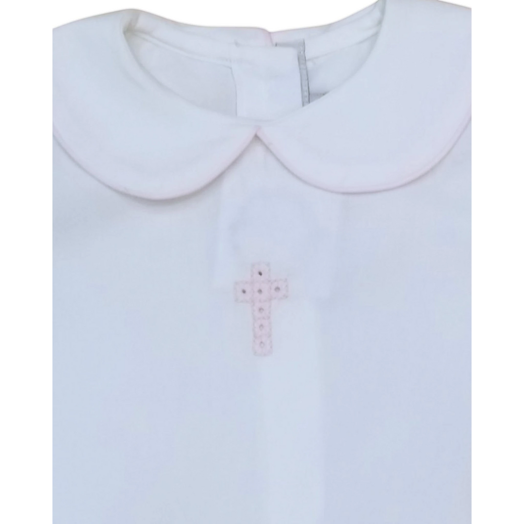 That Store girls white short set with a Peter Pan collar and delicate pink cross embroidery for spring occasions.