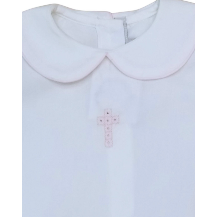 That Store girls white short set with a Peter Pan collar and delicate pink cross embroidery for spring occasions.