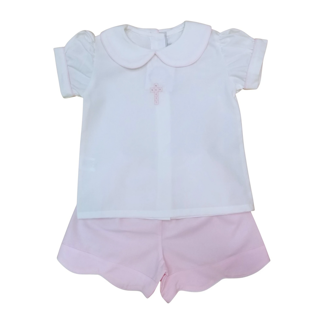 That Store girls short set with white scalloped collar top featuring pink cross embroidery and matching pink shorts
