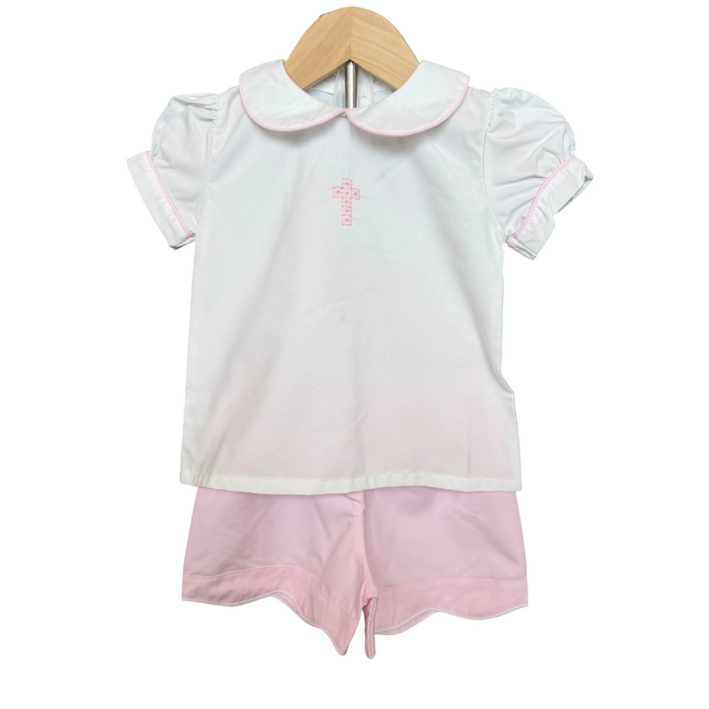That Store girls short set with white top featuring pink cross embroidery and matching pink scalloped shorts