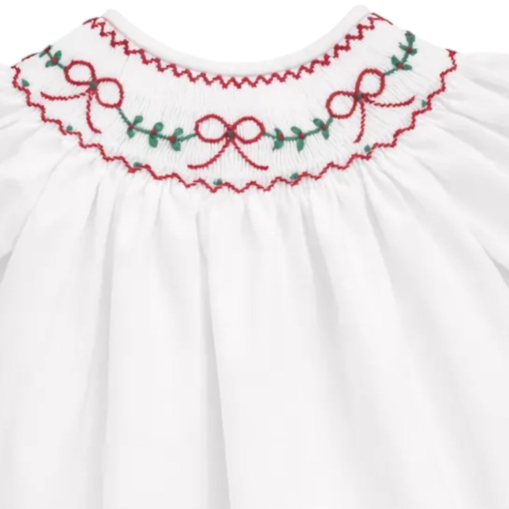 That Store girls white cotton bubble featuring red bow and green holly embroidery on a scalloped collar
