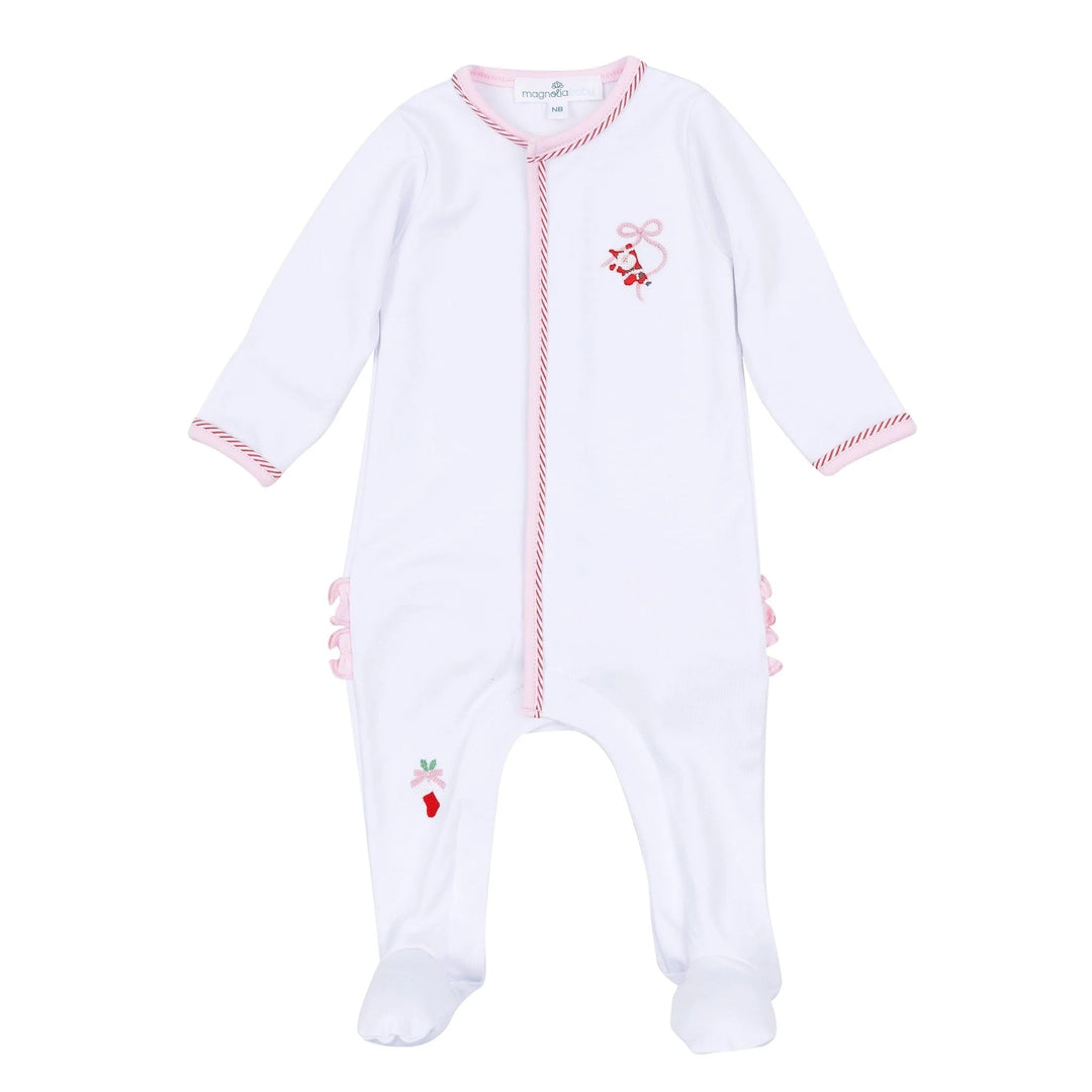 That Store girls white cotton footie with hand-embroidered Santa and stocking, pink picot trim, and back ruffles.