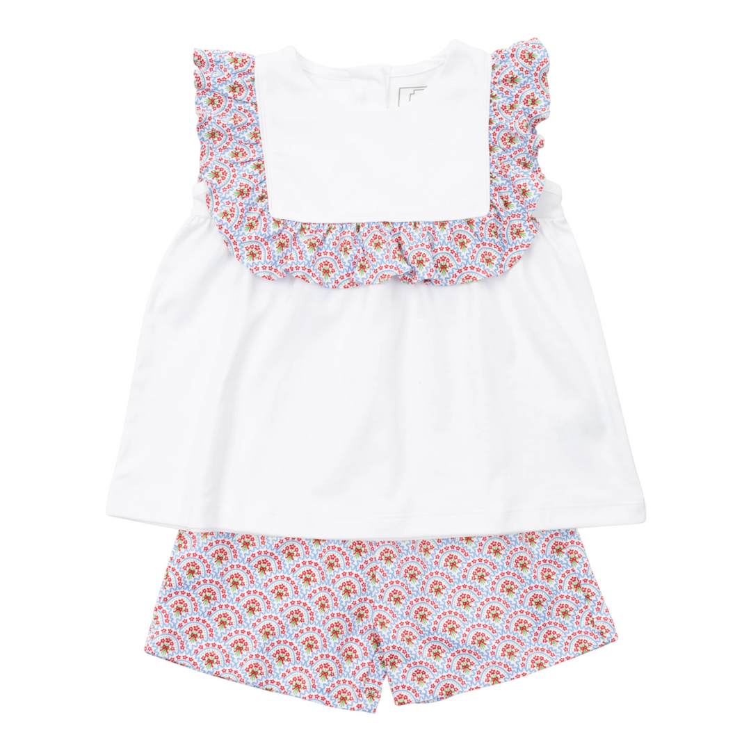 That Store girls' pima cotton short set featuring a white cap sleeve top with ruffled bunting floral trim and shorts.
