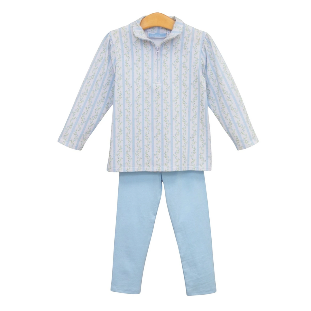 That Store girls 1/4 zip pullover set in light blue with floral stripe print and matching cotton leggings